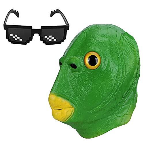 BONHHC Tierlatexhaube, grüne Fischgesichtsmaske, Froschgesichtsmaske, realistische Maske, Halloween/Weihnachten/Karneval lustige Haube erwachsenes Tier Rollenspielzubehör von BONHHC