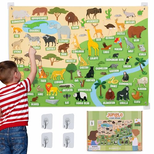 BONNYCO Filztafel mit 116 Dschungeltiere-Figuren. Montessori-Spielzeug und Geburtstags Geschenke für Kinder von 3 bis 8 Jahren. Sensoriktafel für Autismus, Lernspiele vom Dschungel von BONNYCO