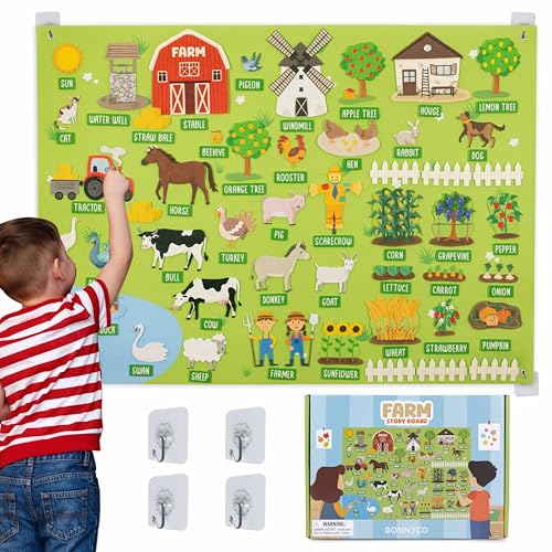 BONNYCO Filztafel mit 92 Bauernhoftiere-Figuren. Montessori-Spielzeug und Geburtstags Geschenke für Kinder von 3 bis 8 Jahren. Sensoriktafel für Autismus, Lernspiele vom Bauernhof von BONNYCO