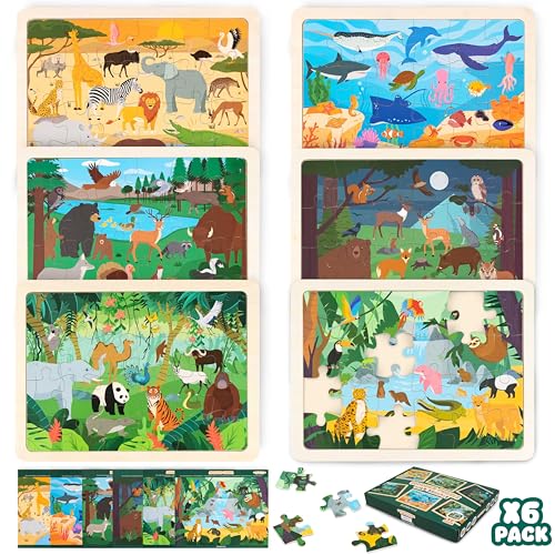 BONNYCO Holzpuzzle Kinder 6 Set 24 STK, Tieren aus Diversen Ökosystemen. Puzzle ab 3-8 Jahre, Lernspielzeug Jungen und Mädchen. Pädagogisches Geschenk für Kinder, Weihnachten von BONNYCO