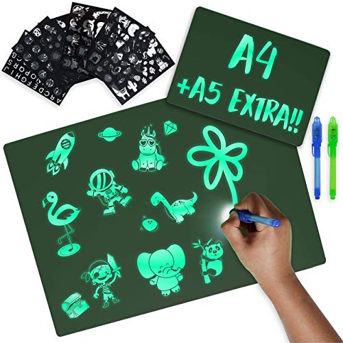 BONNYCO Maltafel Zaubertafel A4 und A5 6 Schablonen 2 UV Stift Spielzeug ab 3 Jahre Jungen und Mädchen Geschenke 3 4 5 6 7 8 9 Jahre | Magic Drawing Pad Kinder Spielzeug Geburtstag und Weihnachten von BONNYCO