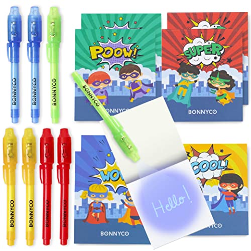 BONNYCO UV Stift und Notizbuch, 8 Stück Superhelden Mitgebsel Kindergeburtstag | Kindergeburtstag Gastgeschenke, Adventskalender und Kleine Geschenke für Kinder, Superhelden Geburtstagsdeko von BONNYCO