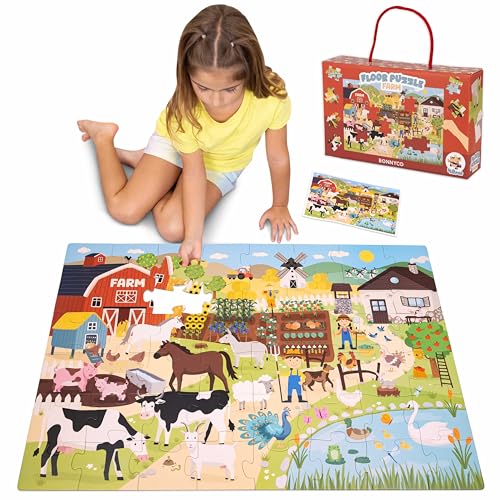 BONNYCO XXL Puzzle Kinder Bauernhoftiere mit 48 Große Teile. Bodenpuzzle XXL 92 x 62 cm als Geschenke für Kinder. Puzzel Lernspielzeug für Jungs und Mädchen 2-8 Jahre von BONNYCO