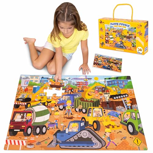 BONNYCO XXL Puzzle Kinder Baustelle mit 48 Große Teile. Bodenpuzzle XXL 92 x 62 cm als Geschenke für Kinder. Puzzel Lernspielzeug für Mädchen und Jungs 2-8 Jahre von BONNYCO