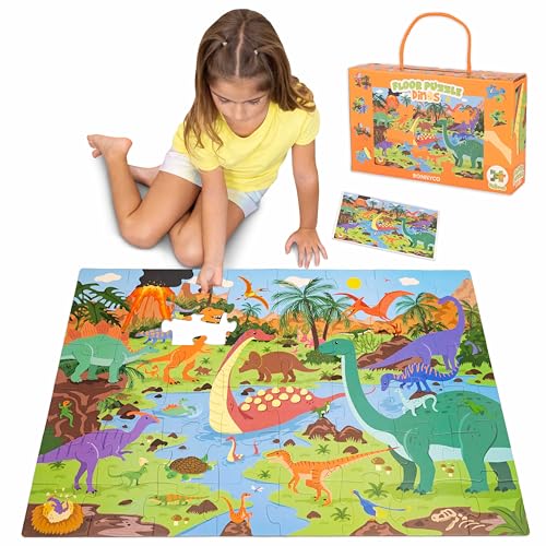 BONNYCO XXL Puzzle Kinder Dinosaurier mit 48 Große Teile. Bodenpuzzle XXL 92 x 62 cm als Geschenke für Kinder. Puzzel Lernspielzeug für Jungs und Mädchen 2-8 Jahre von BONNYCO