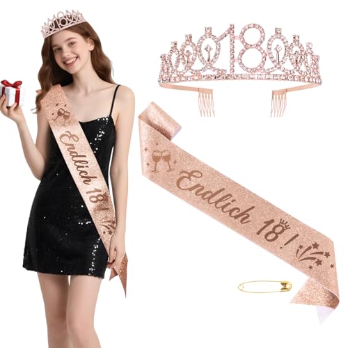18. Geburtstag Mädchen Deko Schärpe Krone Tiara Rosegold Deko 18 Geburtstag Geschenke 18 Geburtagskrone Mädchen Pink Happy 18th Birthday Geburtstagsdeko Party Dekoration von BOOMTOP