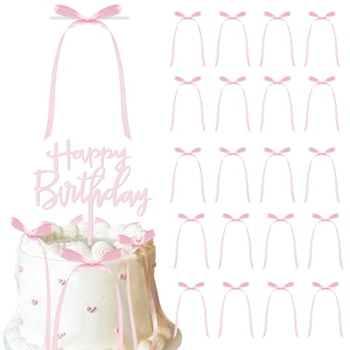 21pcs Tortendeko Schleife Rosa Klein Cake Topper Happy Birthday Acryl Geburtstag Kuchendeko Schleifen Deko Torten Topper Cupcake Tortenstecker Geburtstagstorte Kuchen Dekoration Tortenaufsatz von BOOMTOP