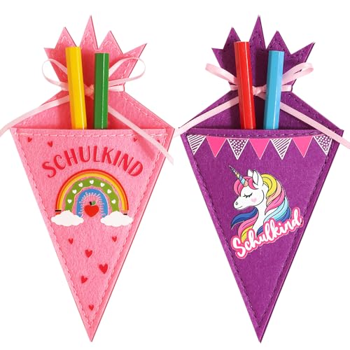 BOOMTOP 2 Schultüten aus Filz Bestecktasche Klein Geschenktüte Einschulung Tischdeko Junge Mädchen Einhorn Regenbogen Schultüte Füllung Idee Geschwistertüte Mini Zuckertüte Schulanfang Geschenk von BOOMTOP
