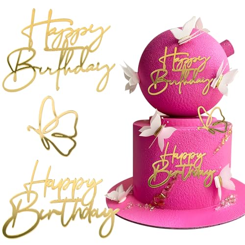 BOOMTOP 3Pcs Happy Birthday Tortendeko Gold Acryl Kuchen Deko Schmetterling Cake Topper Glitzer Geburtstag Kuchen Dekoration Spiegel Kuchenaufsatz Zubehör von BOOMTOP
