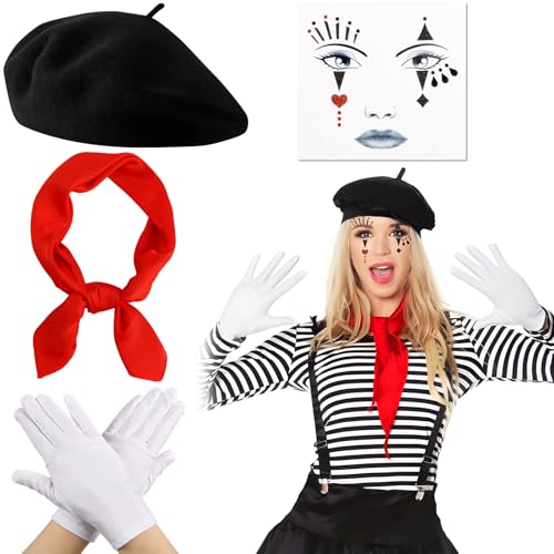 BOOMTOP 4pcs Pantomime Kostüm Damen Faschingskostüme Pantomime Baskenmütze Schwarz Barrett Mütze Handschuhe Franzosen Kostüm Clown Karneval Halstuch Gesichtstattoo für Halloween 50er Jahre Mottoparty von BOOMTOP