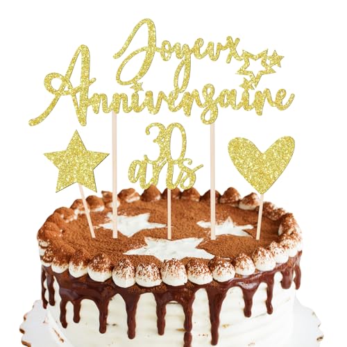 BOOMTOP 6pcs Französisch Cake Topper 30 Jahre Joyeux Anniversaire Torten Deko Kuchentopper Tortenstecker Gold von BOOMTOP