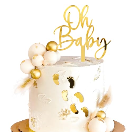 BOOMTOP 7pcs Oh Baby Cake Topper Gold Fußabdrücke Baby Tortendeko Acryl Babyparty Deko Mädchen Junge Kuchen Topper Baby Shower Dusche Tortenstecker Geburtstag Gender Reveal Kuchenaufsatz von BOOMTOP