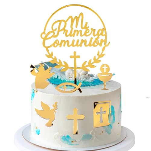 BOOMTOP 7pcs Spanisch Mi Primera Comunión Kommunion Cake Topper Gold Acryl Kuchendeko Tortenstecker Cupcake Torten Dekoration von BOOMTOP