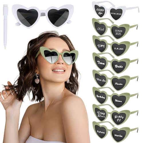 BOOMTOP 8 Herz Sonnenbrille Personalisiert Herz Brillen Hochzeit JGA Brille Damen Hippie Brillen Lustige Partybrille Weiß Rosa Schwarz Grün mit Stift Junggesellenschied Deko für Karneval Mottoparty von BOOMTOP