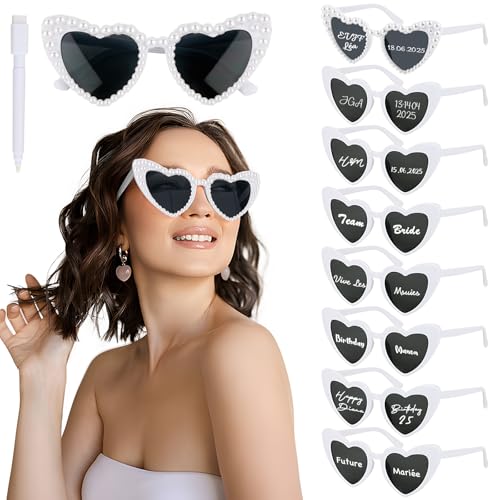 BOOMTOP 8 Herz Sonnenbrille Personalisiert Herz Brillen Hochzeit JGA Brille Perlen Damen Hippie Brillen Partybrille Weiß Rosa Schwarz Grün mit Stift Junggesellenschied Deko für Bachelorette Karneval von BOOMTOP