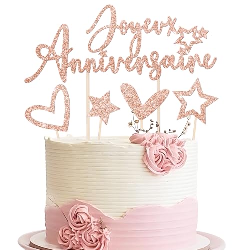 BOOMTOP 9pcs Französisch Cake Topper Joyeux Anniversaire Torten Deko Kuchentopper Tortenstecker Rosegold von BOOMTOP