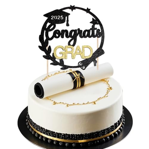 BOOMTOP Abschluss Cake Topper 2025 Congrats Grad Kuchen Deko Graduation 2025 Cupcake Topper Glitzer Abschlussfeier Torten Deko Bachelor Hut Deko Papier Kuchenstecker Schwarz Gold von BOOMTOP