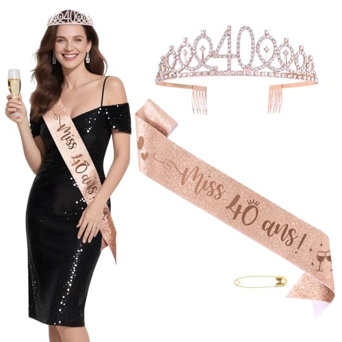 BOOMTOP Französisch Geburtstag Schärpe und 40. Geburtstag Haarreif Geburtstag Haarschmuck Damen Frauen Rosegold Party Accessoires von BOOMTOP