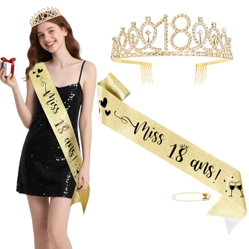 BOOMTOP Französisch Miss Anniversaire 18 Schärpe und Haarreif Geburtstag Haarschmuck Damen Frauen Gold Party Accessoires BOOMTOP Französisch Miss Anniversaire 18 Schärpe und Haarreif Geburtstag Haarschmuck Damen Frauen Gold Party Accessoires von BOOMTOP