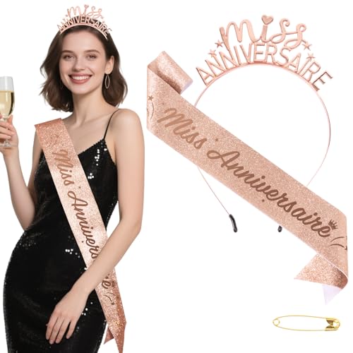 BOOMTOP Französisch Miss Anniversaire Schärpe und Haarreif Geburtstag Haarschmuck Damen Frauen Rosegold Party Accessoires BOOMTOP Französisch Miss Anniversaire Schärpe und Haarreif Geburtstag Haarschmuck Damen Frauen Rosegold Party Accessoires von BOOMTOP