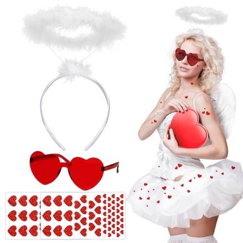 BOOMTOP Heiligenschein Engel Kostüm Haarreif Weiß 4pcs Engelskostüm Kinder Damen Engel Zubehör mit Glitzer Herz Aufkleber Herz Sonnenbrillen für Karneval Fasching Weihnachten Valentinstag Mottoparty von BOOMTOP