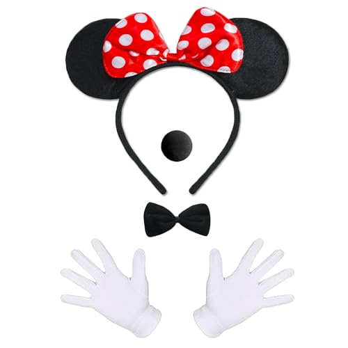 BOOSHMall Damen Maus Mouse Kostüm, Karneval Kostüm Damen, Schleife Haarreifen mit Maus Ohren + Handschuhe + Nase+ Fliege, für Karneval Motto Cosplay Fasching Halloween Party von BOOSHMall