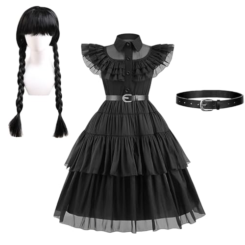 BOOSHMall Wednesday Kostüm Kinder, Gothic Kostüm Kinder Set, Schwarzer Kleid mit Perücke Gürtel und Socken Lange Mittelalterkleid Kostüm für Mädchen Karneval Kostüm Cosplay Halloween Party, 140 BOOSHMall Wednesday Kostüm Kinder, Gothic Kostüm Kinder Set, Schwarzer Kleid mit Perücke Gürtel und Socken Lange Mittelalterkleid Kostüm für Mädchen Karneval Kostüm Cosplay Halloween Party, 140 von BOOSHMall