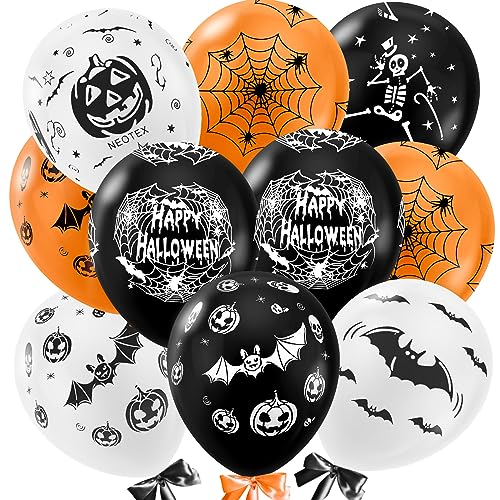BOOSHMall Halloween Luftballons, Halloween Deko, 50 Stücke Halloween Latex Ballons, Pumpkin Skelett Geist Fledermaus Dekoration für Halloween Party, 12 Zoll, Weiße Orange & Schwarz von BOOSHMall