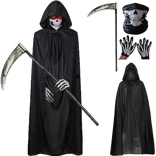 BOOSHMall Sensenmann Kostüm, Sensenmann Kostüm Herren, Halloween Tod Kostüm mit Scythe, Umhang, Schädelmaske, Handschuhe 4-Teiliges Set für Erwachsene Halloween Dekoration Cosplay Karneval BOOSHMall Sensenmann Kostüm, Sensenmann Kostüm Herren, Halloween Tod Kostüm mit Scythe, Umhang, Schädelmaske, Handschuhe 4-Teiliges Set für Erwachsene Halloween Dekoration Cosplay Karneval von BOOSHMall