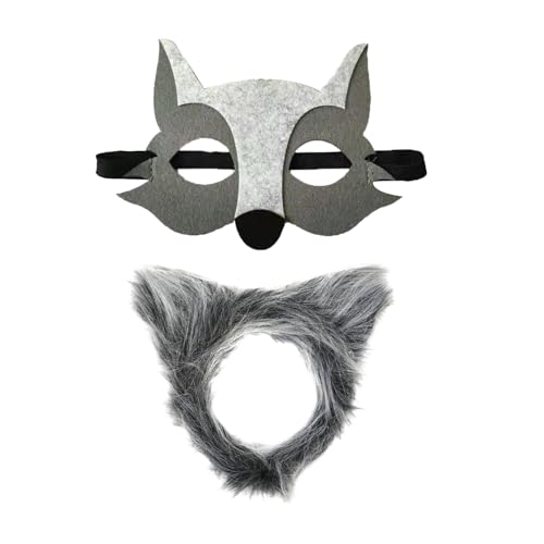 BORFUE 2pcs Grau Wolf Kostüm Zubehör Set Plüsch Grau Wolf Ohren Stirnband Maske Tier Kostüm für Halloween Party Cosplay von BORFUE