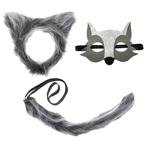 BORFUE 3-teiliges Wolfs-Cosplay-Kostüm-Set, Plüsch, graue Wolfsohren, Stirnband, Maske, Schwanz für Kinder und Erwachsene, Welttag des Buches, Cosplay, Geburtstag, Party BORFUE 3-teiliges Wolfs-Cosplay-Kostüm-Set, Plüsch, graue Wolfsohren, Stirnband, Maske, Schwanz für Kinder und Erwachsene, Welttag des Buches, Cosplay, Geburtstag, Party von BORFUE