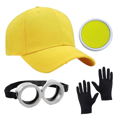 BORFUE 4 Stück Halloween Cosplay Kostüm Zubehör Brille Brille Gelbe Kappe Handschuhe Stempelkissen Gelb Outfit Cartoon Cosplay Zubehör für Kostümparty von BORFUE
