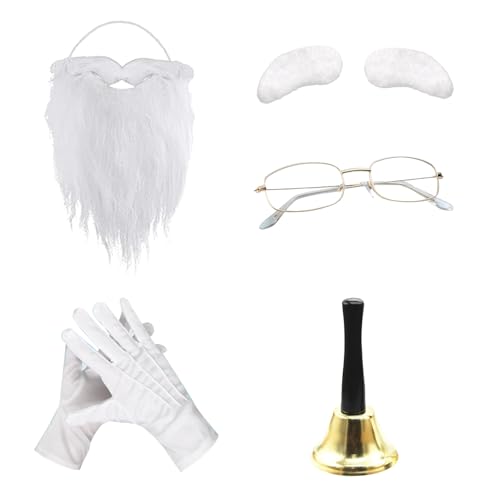 BORFUE 5-teiliges Weihnachtsmann-Kostüm-Set, weiße Augenbrauen, Bart Handschuhe, goldene Brille, Glocke für Erwachsene, Kostümparty von BORFUE