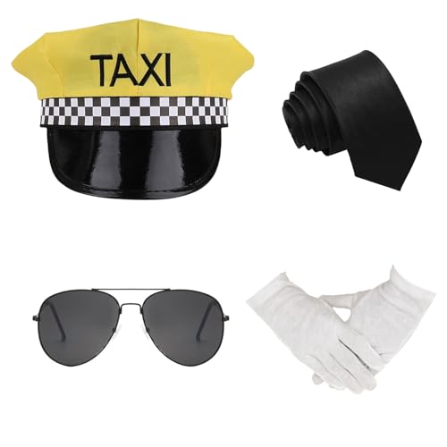 BORFUE Chauffeur-Kostüm, für Herren und Damen, Taxi-Hut, Sonnenbrille, Handschuhe, Krawatte, Taxifahrer, Verkleidung für Fahrer, Kostümzubehör, 4 Stück von BORFUE