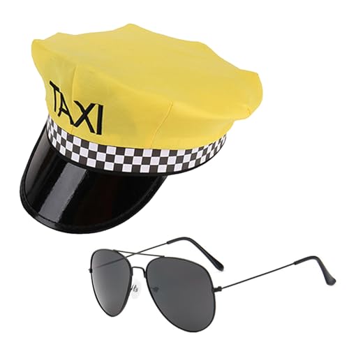 BORFUE Chauffeur-Kostüm-Zubehör, gelb, Taxi-Hut, Sonnenbrille, Bühnenauftritte, Hüte für Taxifahrer, Fasching, 2 Stück BORFUE Chauffeur-Kostüm-Zubehör, gelb, Taxi-Hut, Sonnenbrille, Bühnenauftritte, Hüte für Taxifahrer, Fasching, 2 Stück von BORFUE