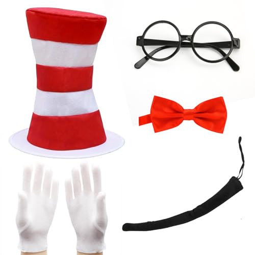 BORFUE Kostüm für Erwachsene, Halloween, verrückte Katze, rot-weiß gestreift, großer Hut, Fliege, Handschuhe, Schwanz, Brille für Erwachsene, Buchwoche, Fasching, 5 Stück BORFUE Kostüm für Erwachsene, Halloween, verrückte Katze, rot-weiß gestreift, großer Hut, Fliege, Handschuhe, Schwanz, Brille für Erwachsene, Buchwoche, Fasching, 5 Stück von BORFUE