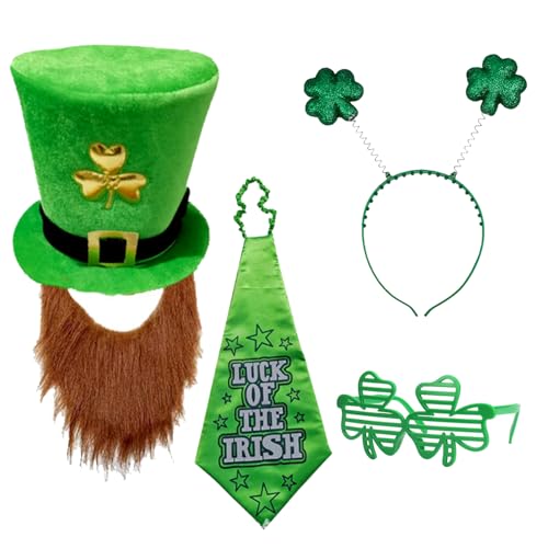 BORFUE St. Patrick's Day Kostüme, Anzug, Dekorationen, grüner Koboldhut mit Bart, irisches Stirnband, Kleeblatt, Brillen, Krawatte für Männer und Frauen, 4 Stück BORFUE St. Patrick's Day Kostüme, Anzug, Dekorationen, grüner Koboldhut mit Bart, irisches Stirnband, Kleeblatt, Brillen, Krawatte für Männer und Frauen, 4 Stück von BORFUE