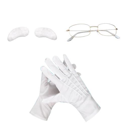 BORFUE Weihnachtsmann-Kostüm, goldfarbene Brille, weiße Augenbrauen, Handschuhe für Weihnachten, Kostüm, Cosplay, Outfit, 3 Stück von BORFUE