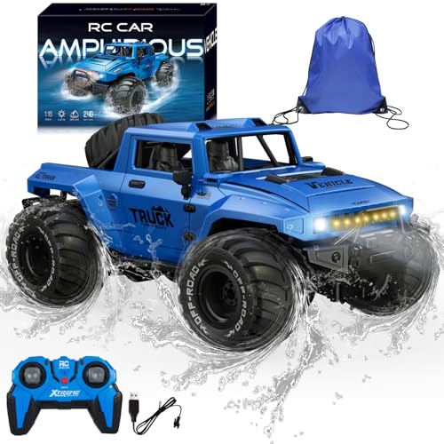 BORSCELLOR Ferngesteuertes Auto, amphibische RC Autos 1:16 Wasserdichtes Ferngesteuertes Monster Truck Spielzeug für Jungen, Off-Road Stunt RC Fahrzeug 360° Drehung mit LED Licht für Erwachsene Kinder von BORSCELLOR
