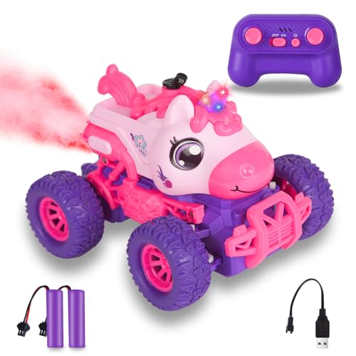 BORSTOYPRO Einhorn Ferngesteuertes Auto für Kinder, Ferngesteuerte Einhorn Monster Truck für Mädchen, RC Monster Truck Einhorn Car mit Spray LED Licht, Einhörner Geschenk Spielzeug für Jungen Kinder von BORSTOYPRO