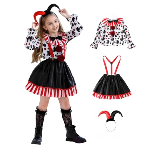 BORYQNHO Clown-Kostüm für Mädchen, Horror-Clown-Kostüm, Clown-Kostüm-Set mit Kopfbedeckung für Halloween, Karneval, Party (Schwarz, 110) von BORYQNHO
