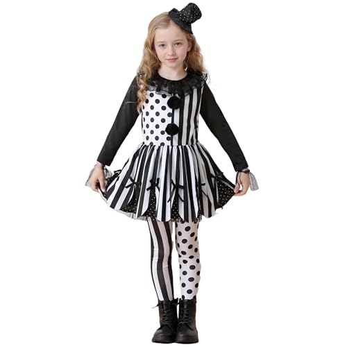 BORYQNHO Horror-Clown-Kostüm, Kleid für Mädchen, gruseliges Clown-Kostüm, Halloween-Clowns-Outfit mit Streifen- und Punktemuster, für Comic-Con, Themenparty, Zirkus (schwarz + weiß, S) von BORYQNHO