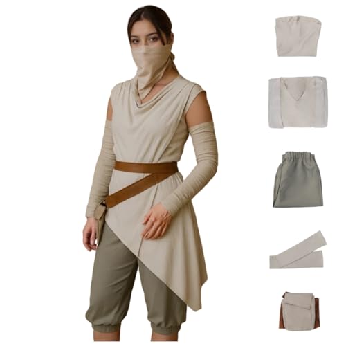 BORYQNHO Rey Kostüm Cosplay, Lukes Lehrling Rey Kostüm Krieger Outfit mit Tasche, Damen Halloween Kostüme Verkleidung für Party Karneval (Beige, XXL) von BORYQNHO