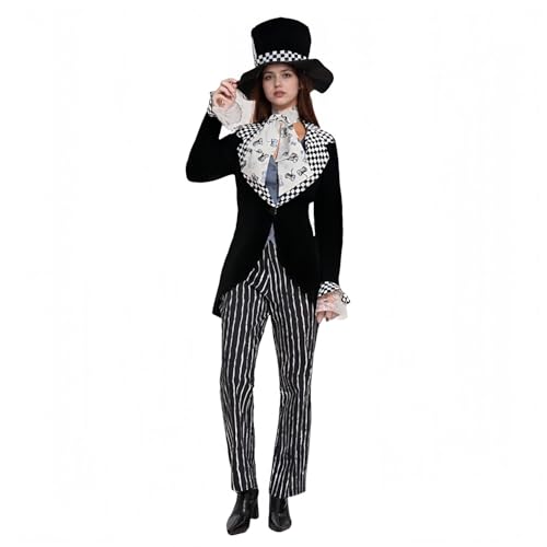 BORYQNHO Verrückter Hutmacher-Kostüm für Damen, Miss Mad Hatter Kostüm, Erwachsenen-Outfit-Anzug mit Hut, Damen-Halloween-Kostüme, Verkleidung für Party (Schwarz, M) von BORYQNHO