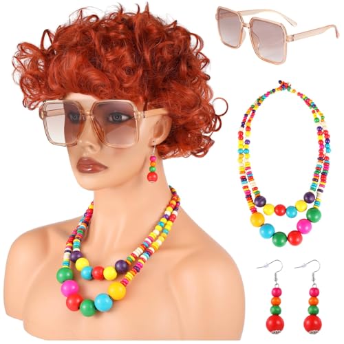 BOSREROY Lockige orangefarbene Halloween-Perücke für Damen, Retro-Sonnenbrille und Perlenschmuck, hitzebeständige Faser, Kostümzubehör für Partys von BOSREROY