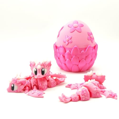 BOSSETY 3D-Gedruckter Drache mit Drachenei, 3D-Druck Kirschblüten Drache 10cm Mystery Dragon Egg Fidget Toy Drachen Spielzeug für Easter Schreibtisch Dekoration (Rosa Kirschblüten Drache und Eier) von BOSSETY