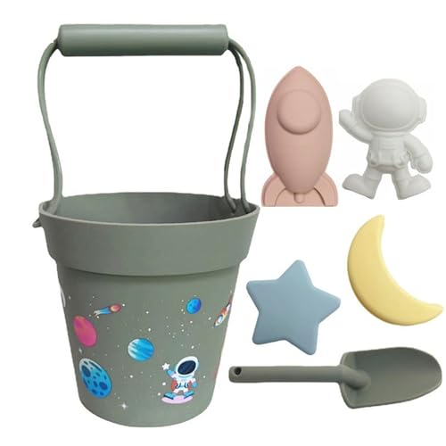 BOSSETY 7 Stück Sandspielzeug Set, Raumschiff- und Astronautenthema, mit Strandeimer aus Silikon, Sandform, Strandschaufel, für Kinder Jungen Mädchen Alter 3 4 5 6 7+ (D) von BOSSETY