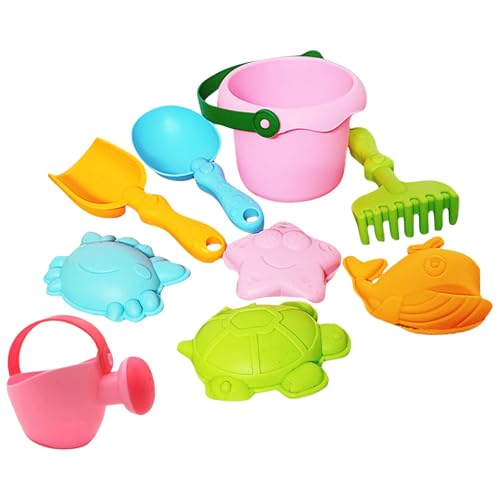 BOSSETY 9 Stück Sandspielzeug Set, mit Strandeimer, Sandform, Strandschaufel, Wasserflasche, Strandlöffel, Strand, Sandkasten, für Kinder Jungen Mädchen Alter 3 4 5 6 7+ (Rosa) von BOSSETY