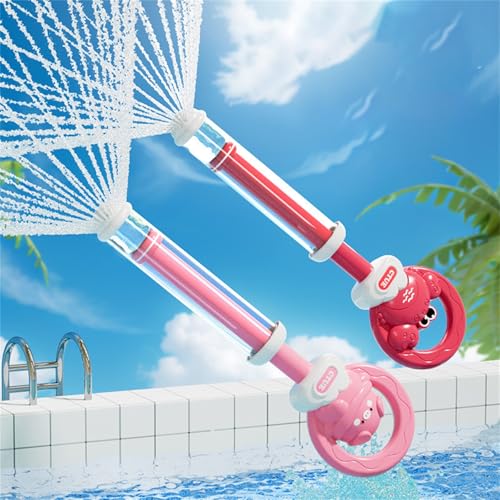 BOSSETY Feuerwerks Wasserpistole Mit Zugring 35cm, Sprüheffekt wie EIN Feuerwerk, Ausziehbare Hochdruck Wasserpistole Kinder zum Pool, Party, Garten, Schwimmbad, Strand (Rot+Rosa) von BOSSETY