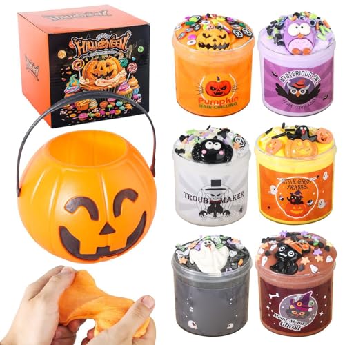 BOSSETY Halloween Schleim Set mit Kürbis Eimer, Butter Fluffy Slime Kit für Jungen & Mädchen im Alter von 6–12 Jahren, Enthalten farbiger Flüssigkeit, Halloween Partygeschenk mit Stressabbau Spielzeug von BOSSETY